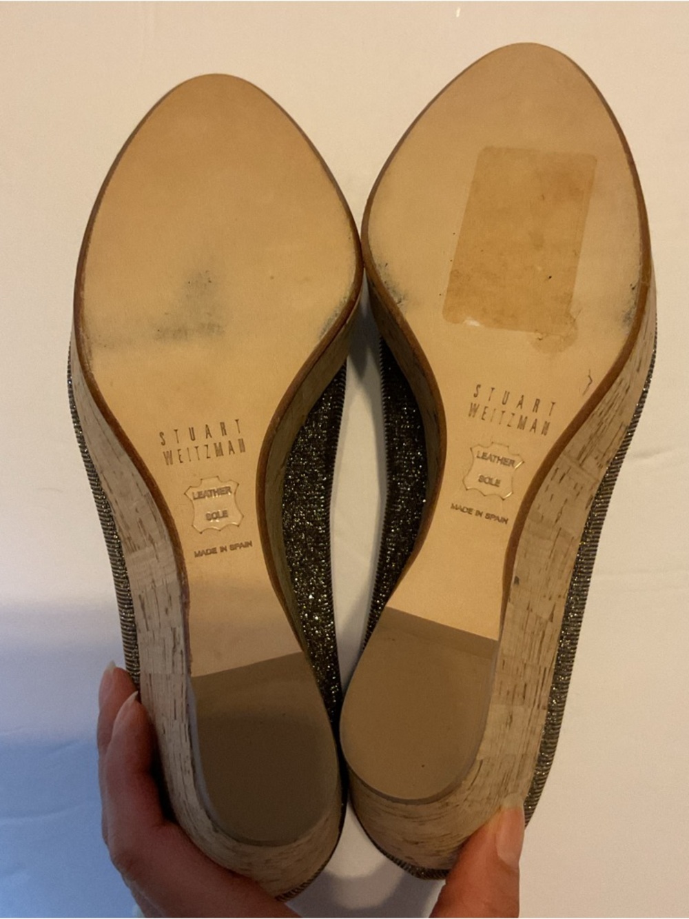 Stuart Weitzman Glitter Metallic Anna Cork Wedge Peep Toe Pumps Shoes Luxury 8 - Picture 4 of 11